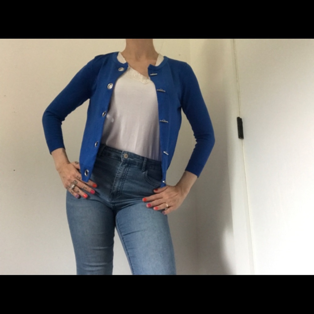 Premise 80’s Style Metal Rivet Closure Blue Nautical Cardigan Coastal Granny - Picture 6 of 16
